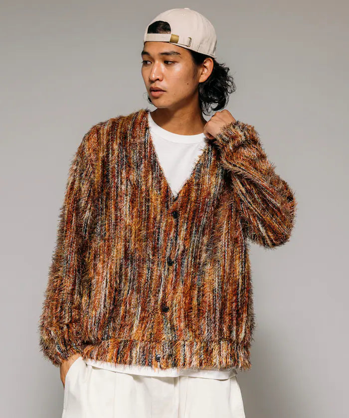 Relaxed Fit Shaggy Knit Multi-Stripe Cardigan