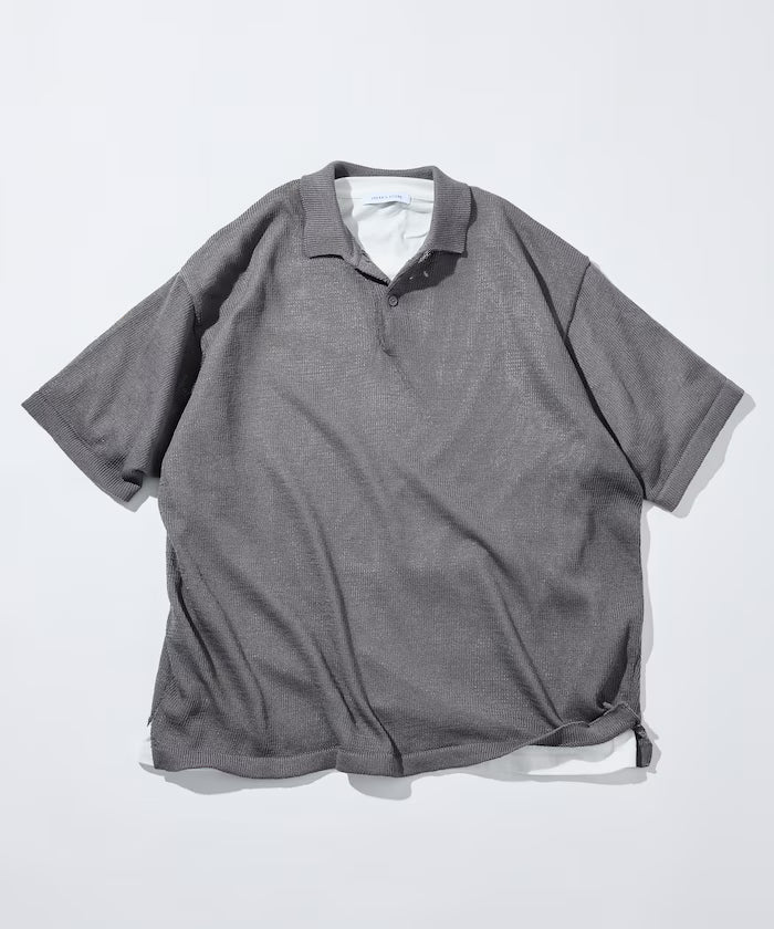 Sheer Knit Polo Shirt & Cotton T-Shirt Layered Set - Gray