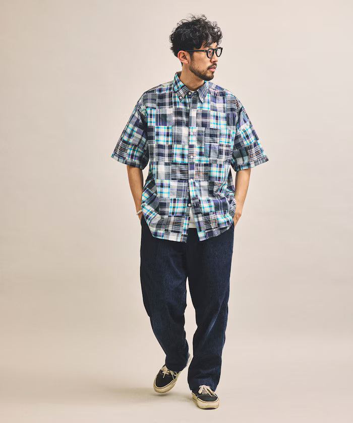 Indian-made Relaxed Fit Madras Check Patchwork Button-down Short Sleeve Shirt