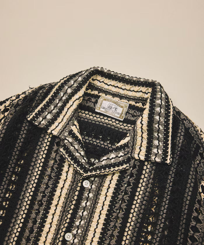 New color added: Indian-made relaxed fit all-over lace multi-stripe open collar short sleeve shirt
