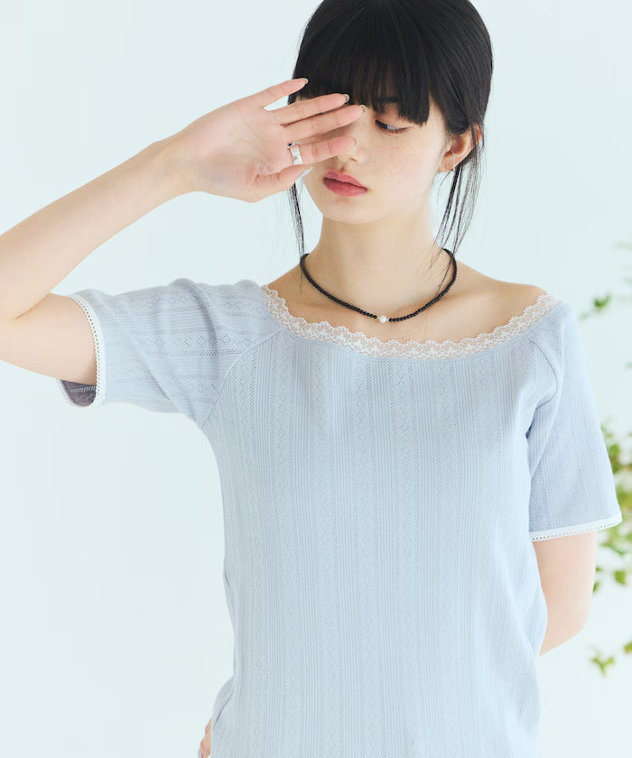 Boat Neck Pullover Knit Lace T-Shirt
