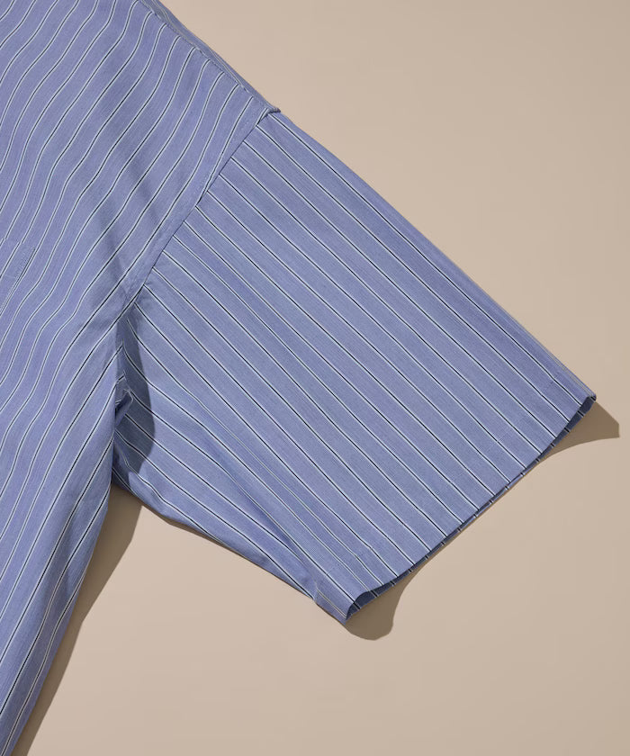 Typewriter Spindle Band Collar Stripe Short Sleeve Shirt