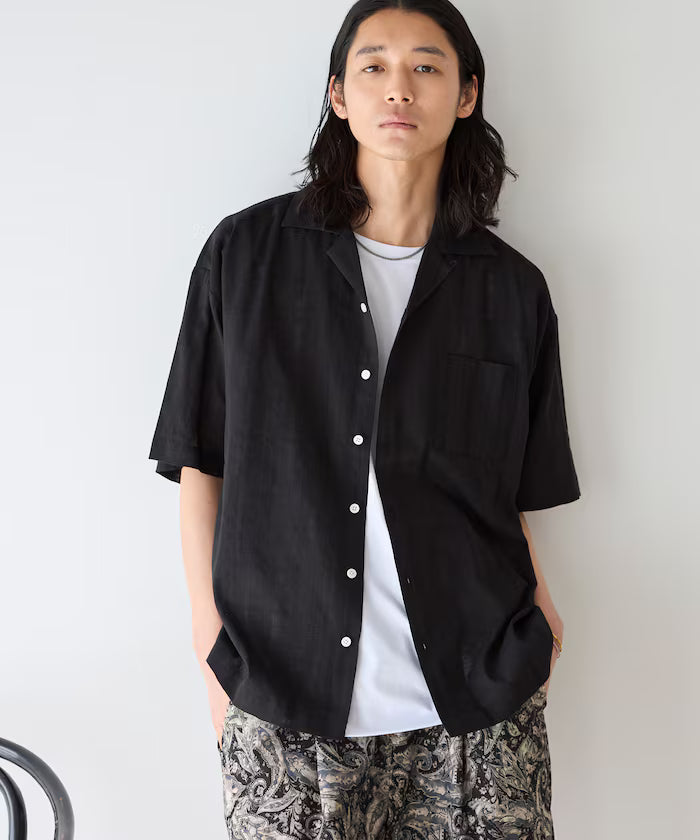 Dobby Weave Short Sleeve Open Collar Shirt / Big Silhouette - Black