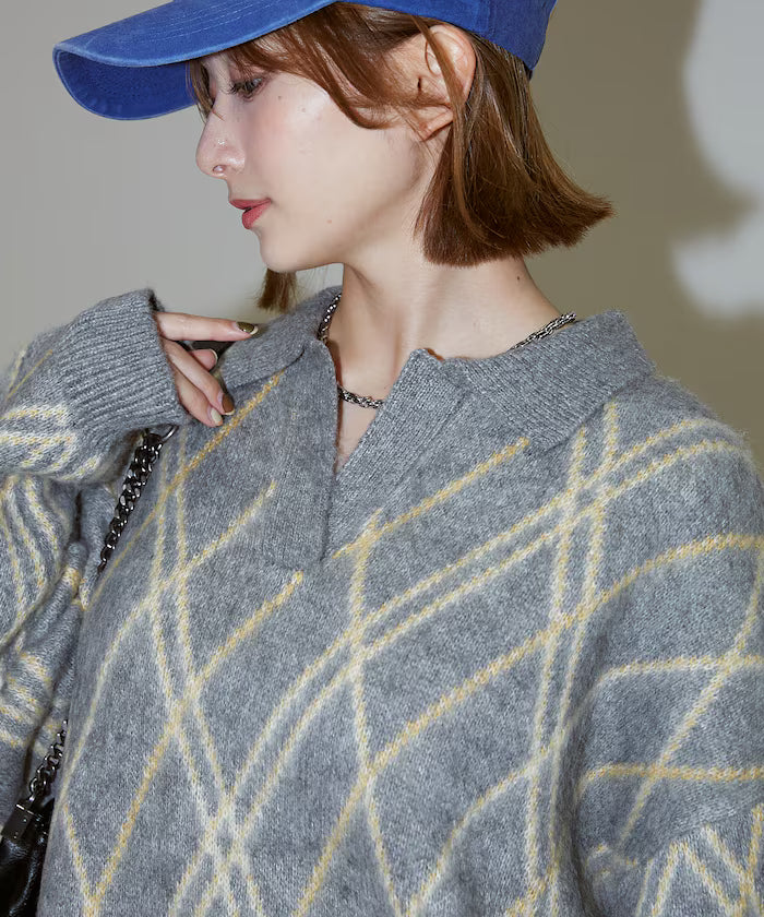 Checked pattern mohair touch skimmer knit limited edition