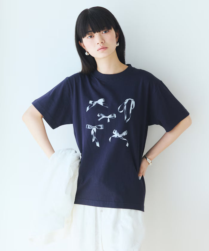 Comfortable Ribbon Print Crew Neck T-shirt