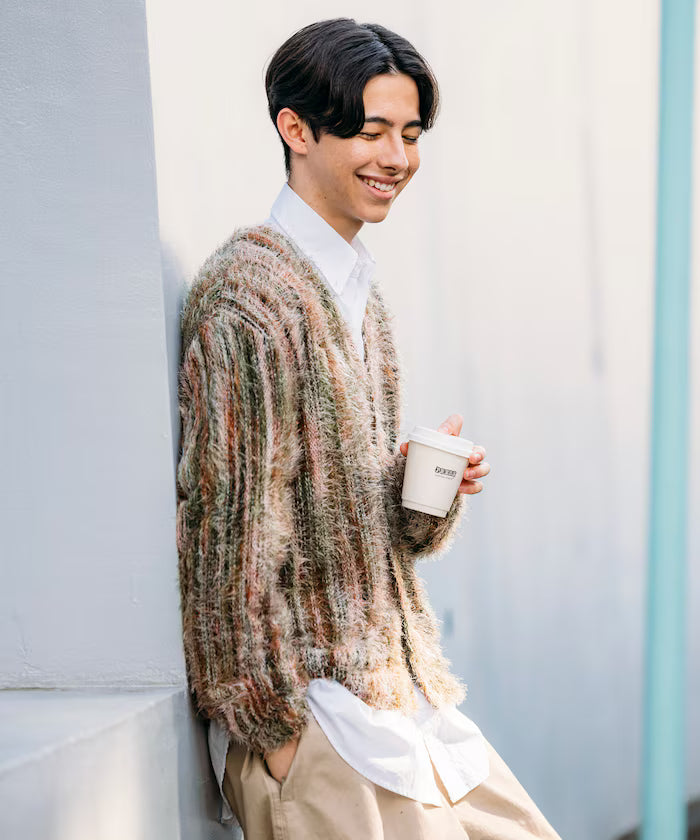 Relaxed Fit Shaggy Knit Multi-Stripe Cardigan
