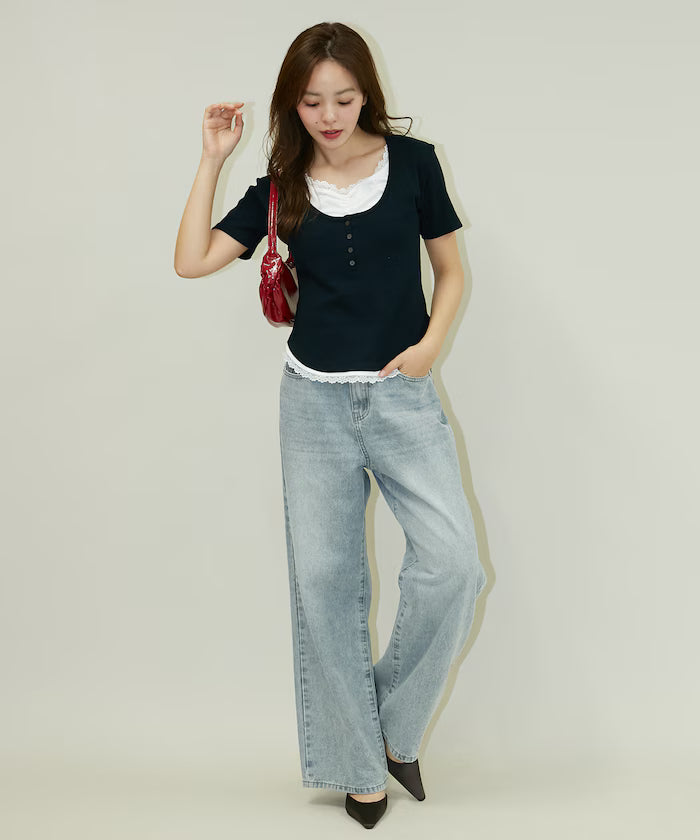 Short Sleeve Lace Layered Style Henley Neck T-Shirt Limited Edition