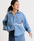 Open Collar Embroidered Shirt Jacket - Sax Blue