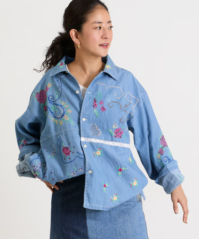 Open Collar Embroidered Shirt Jacket - Sax Blue