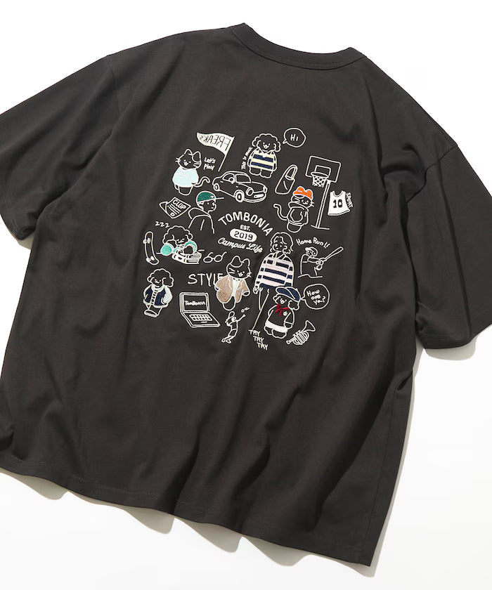 tombonia/Tombonia Back Print Crew Neck T-Shirt/Campus Life - Charcoal