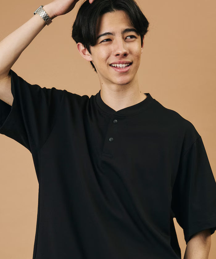 SUPER ICE / Super Ice Henry Neck Spindle T-Shirt Contact Cold Sensation / Quick Drying / UV Cut - Black