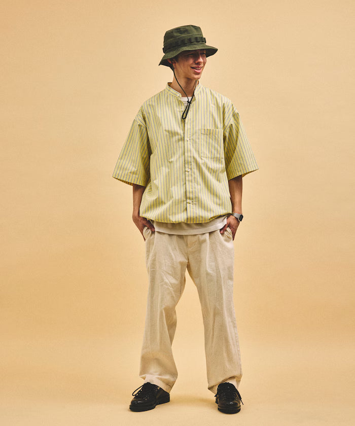 Typewriter Spindle Band Collar Stripe Short Sleeve Shirt