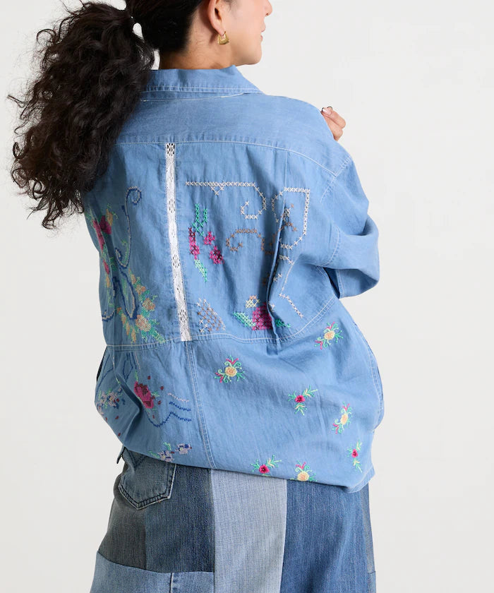 Open Collar Embroidered Shirt Jacket