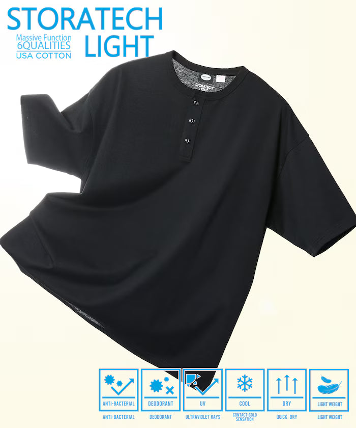 STORATECH/Stratech Lightweight Henley Neck T-Shirt/Antibacterial/Odor Resistant/Antimicrobial/UV Cut/Contact Cooling/Dry Fast 【Limited Edition】 - Black