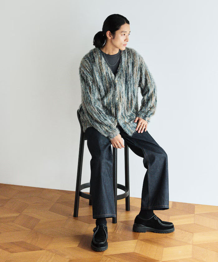 Relaxed Fit Shaggy Knit Multi-Stripe Cardigan