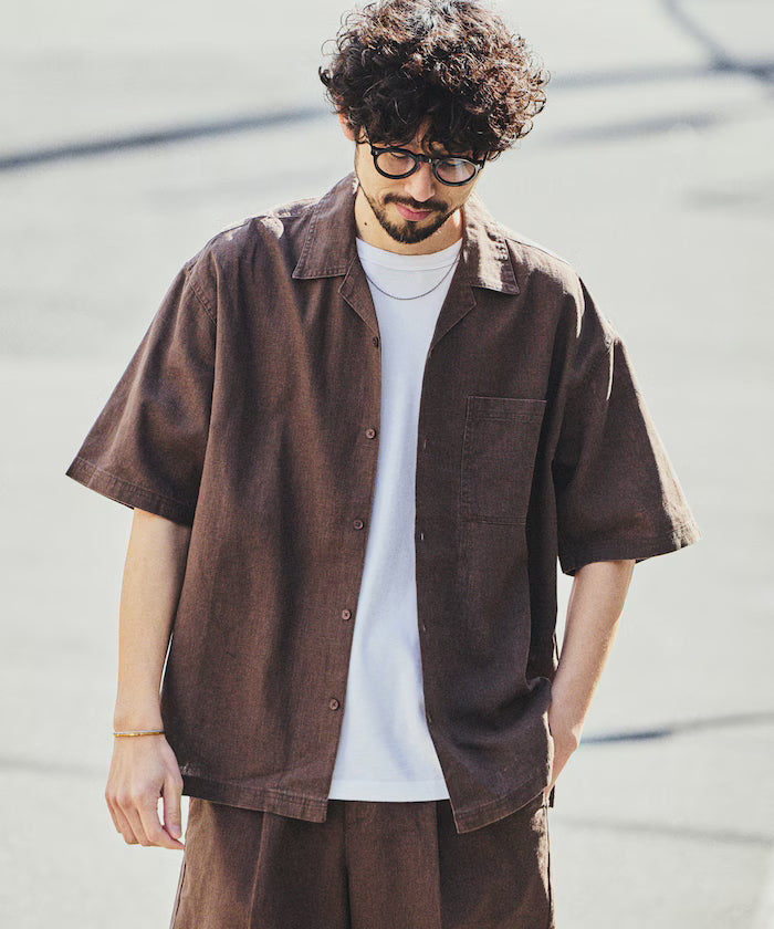 LINEN COTTON OPEN COLLAR SS SHIRT
