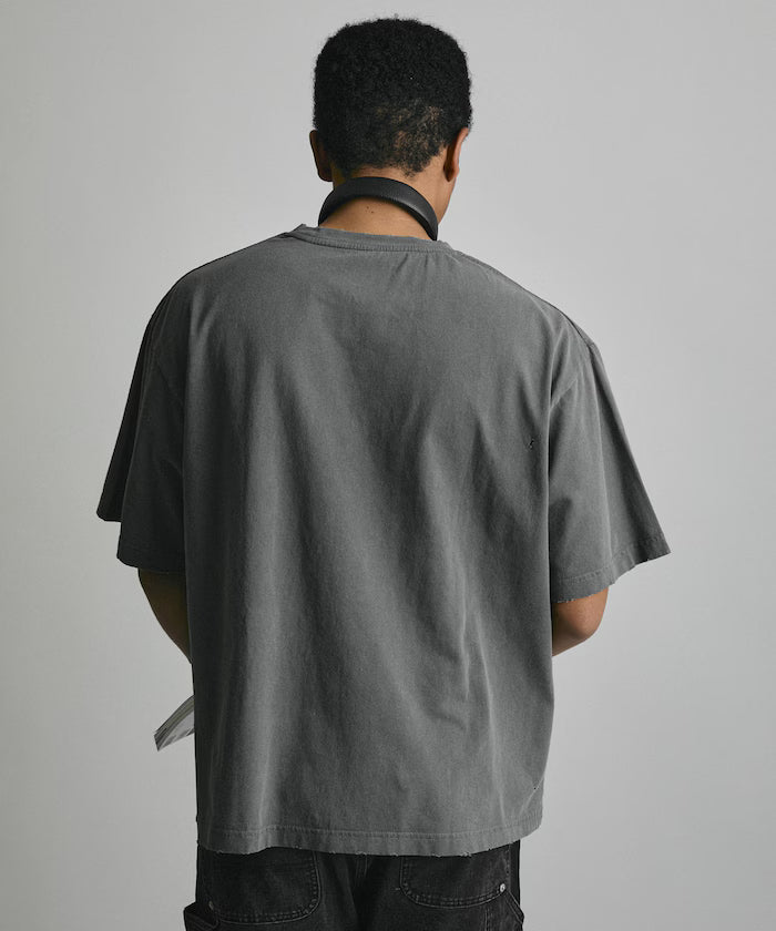 7.3 oz damaged processed front logo print short sleeve T-shirt / oversized crew neck short sleeve T-shirt