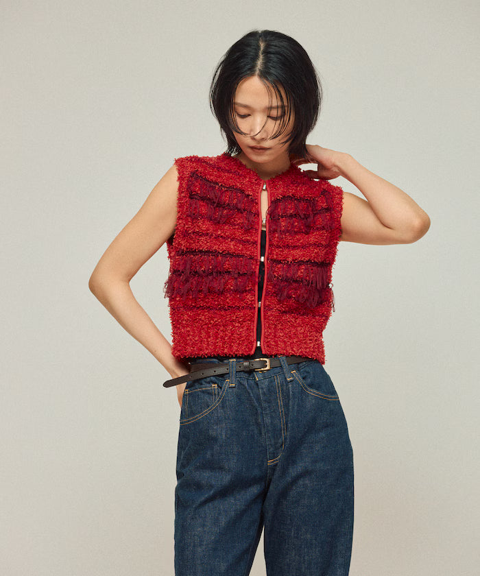 Mixed Material Fringe Knit Vest / Striped Knit Vest 25AW