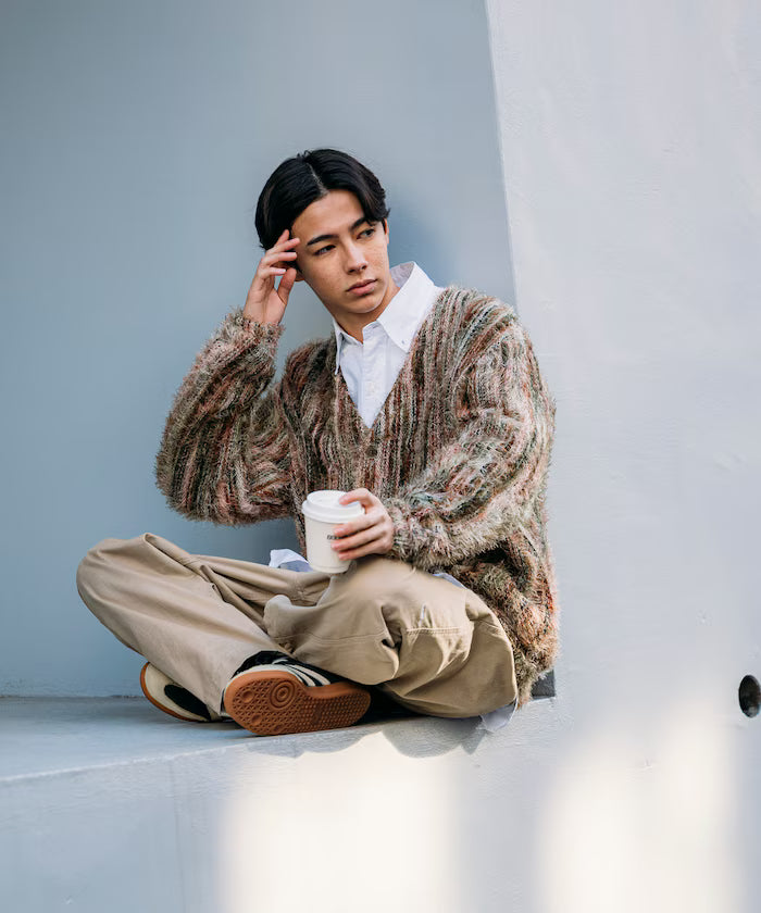 Relaxed Fit Shaggy Knit Multi-Stripe Cardigan
