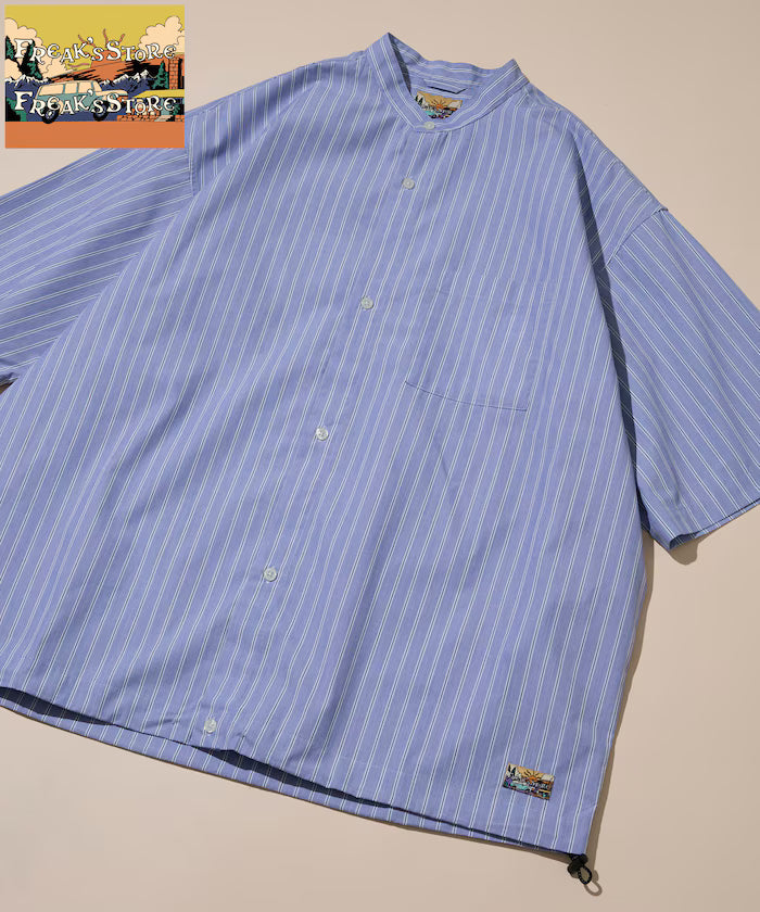 Typewriter Spindle Band Collar Stripe Short Sleeve Shirt - Blue