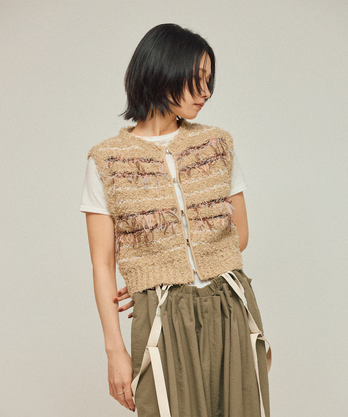 Mixed Material Fringe Knit Vest / Striped Knit Vest 25AW