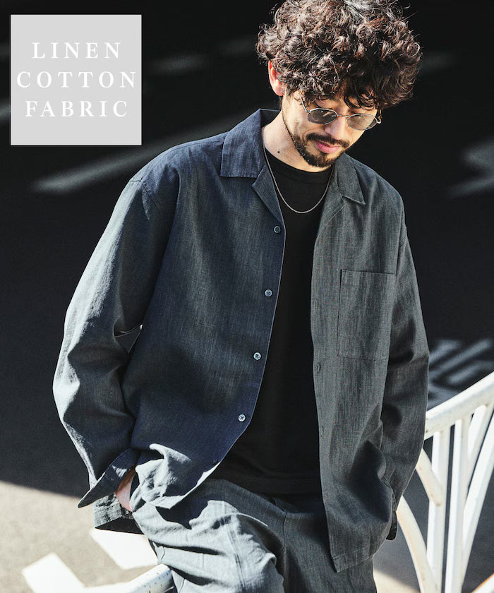 LINEN COTTON OPEN COLLAR SHIRT【Compatible with setups】