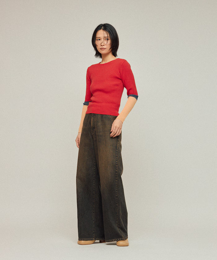 Functional material silk blend color block knit pullover / anti-pill / machine washable