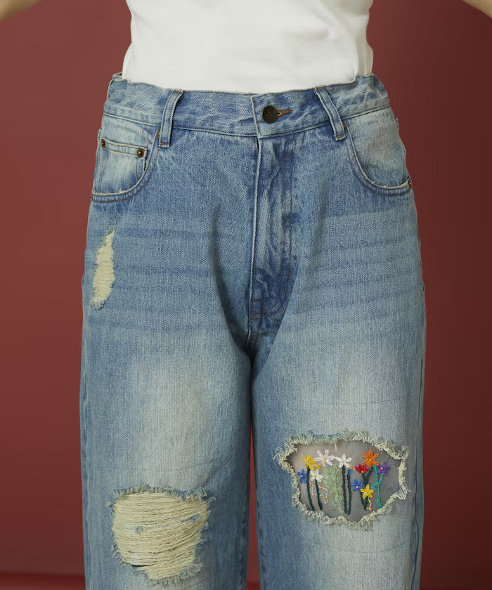 Flower Embroidery Wide Denim