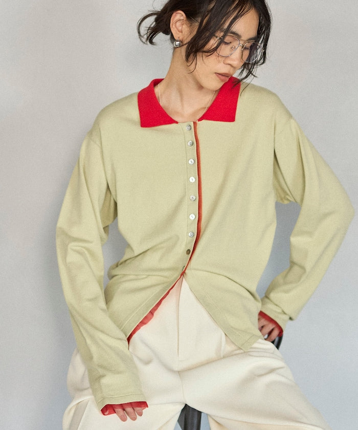 Color Design Fake Layered Long Sleeve Polo Knit Cardigan