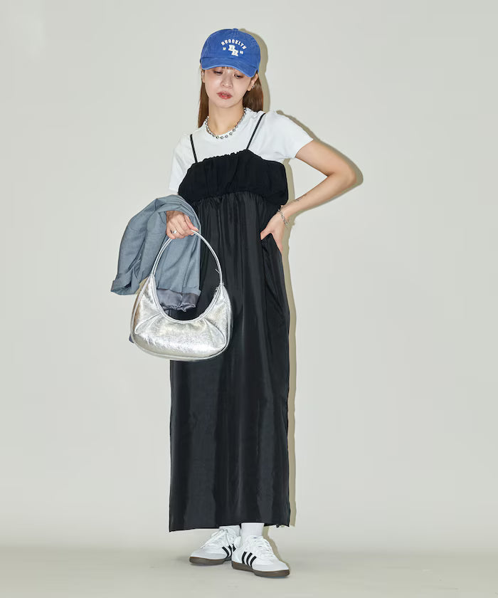 Mixed Material Shirring Satin Dress Limited Release