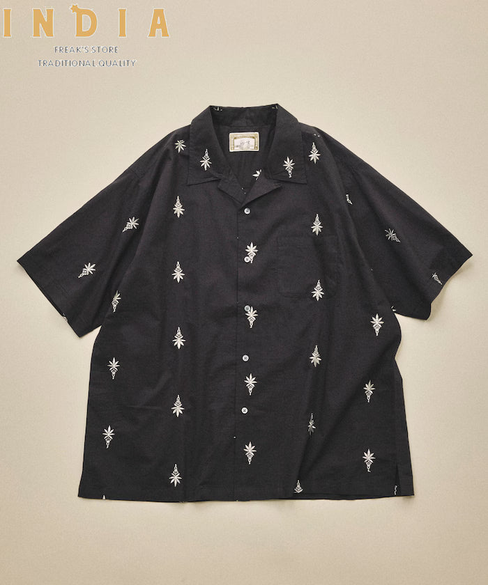 India-made all-over pattern embroidered relax-fit open collar short sleeve shirt - Charcoal Gray