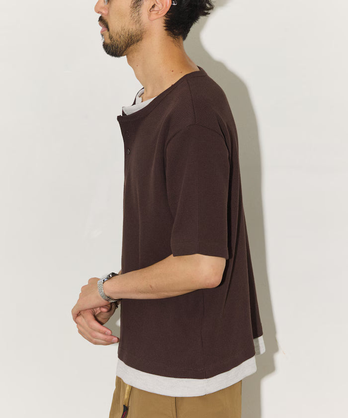 Waffle Fake Layered Henry Neck T-Shirt