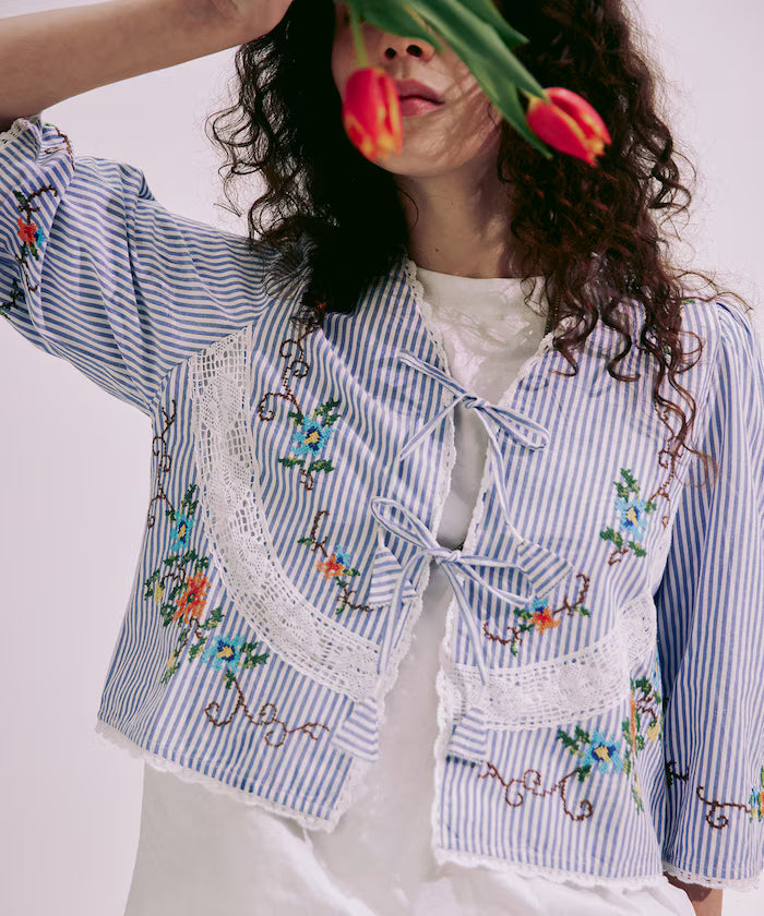 India Flower Cross Embroidery Lace Bolero - Sax Blue