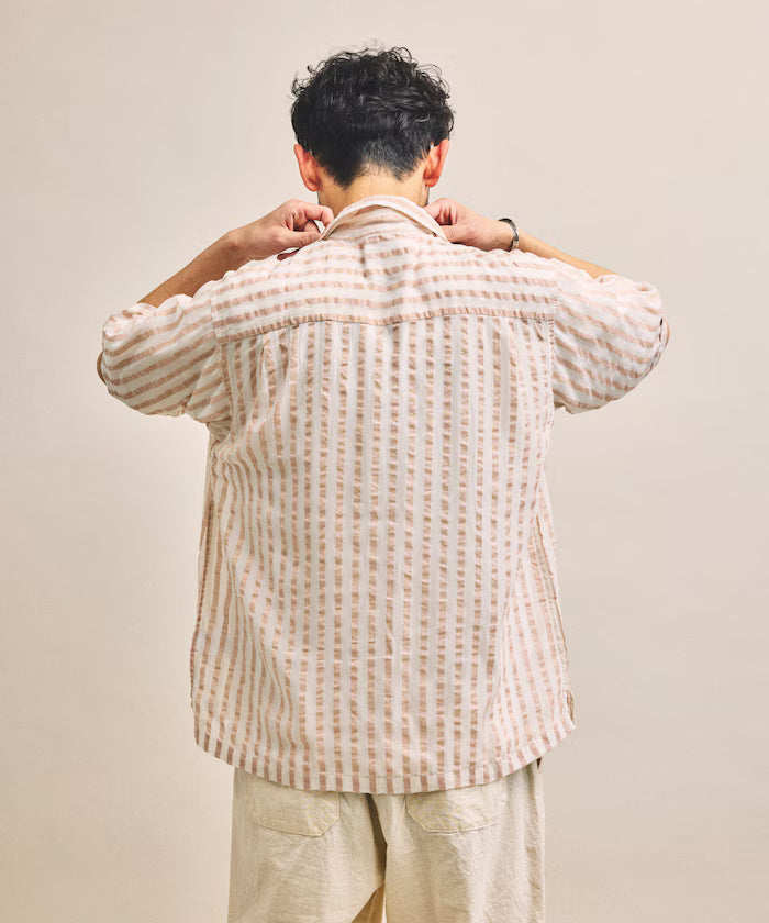 Indian-made Relaxed Fit Wide Stripe Sheer Sucker Open Collar Short Sleeve Shirt