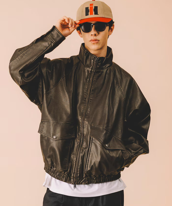 Washed processed leather red stand collar zip-up short blouson