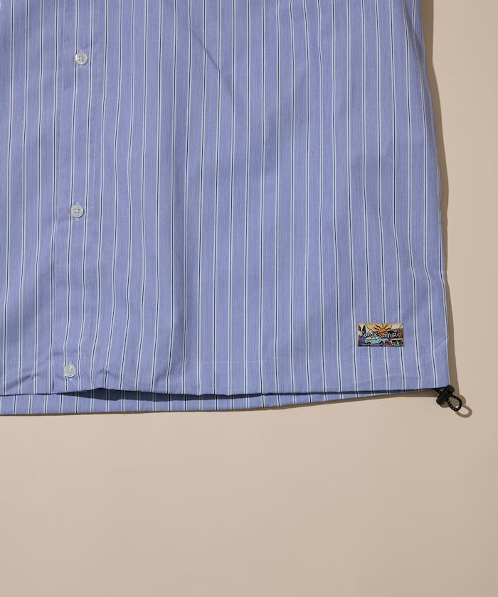 Typewriter Spindle Band Collar Stripe Short Sleeve Shirt
