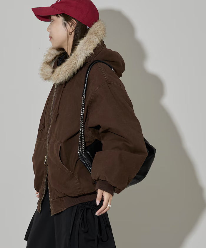 2way fake fur zip-up padded hooded jacket with detachable fur