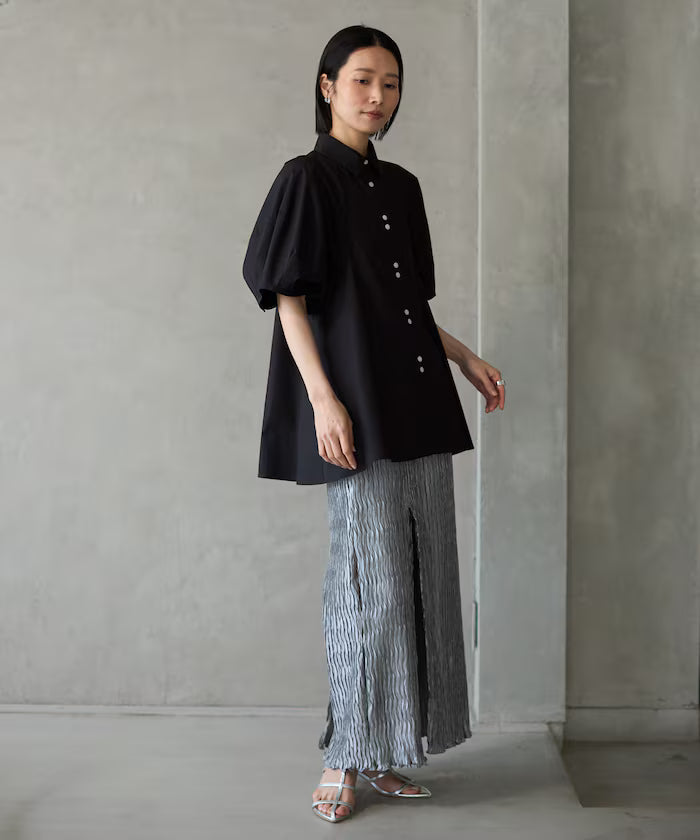 Switching Design Balloon Sleeve Shirt / 5-Minute Sleeve Blouse