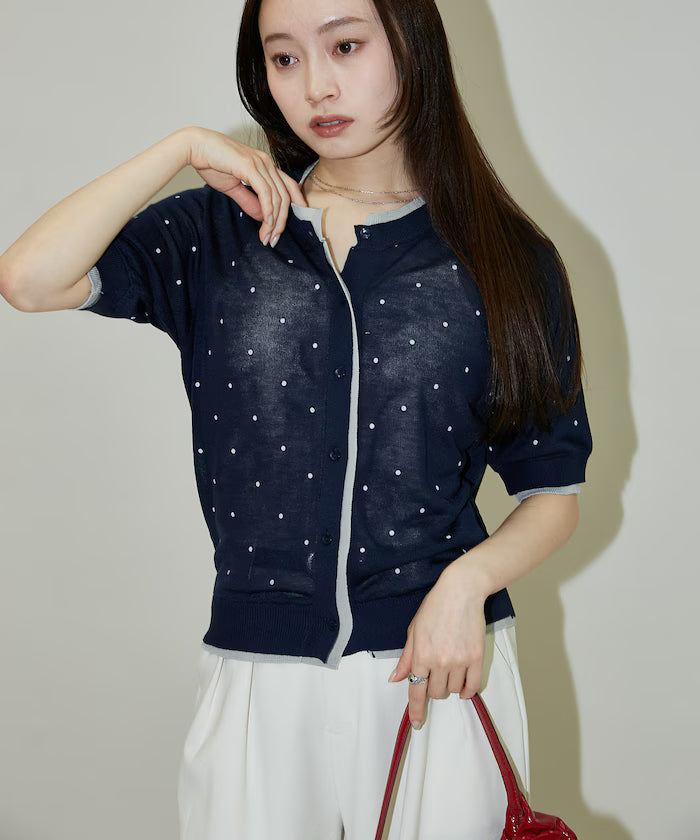 Dot Pattern Layered Short Sleeve Knit Cardigan Limited Release - Navy