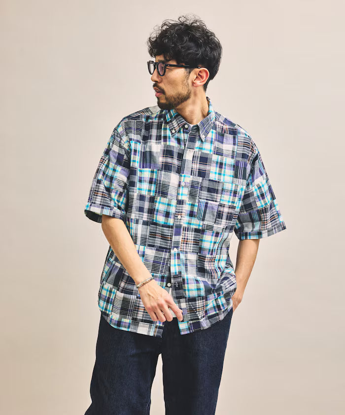 Indian-made Relaxed Fit Madras Check Patchwork Button-down Short Sleeve Shirt
