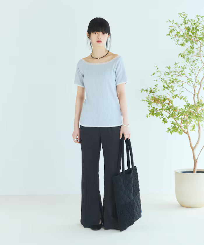 Boat Neck Pullover Knit Lace T-Shirt