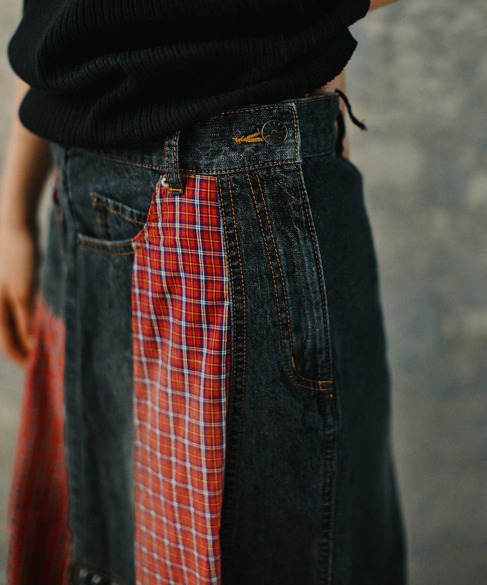 Side Front Denim Color Block Flared Skirt