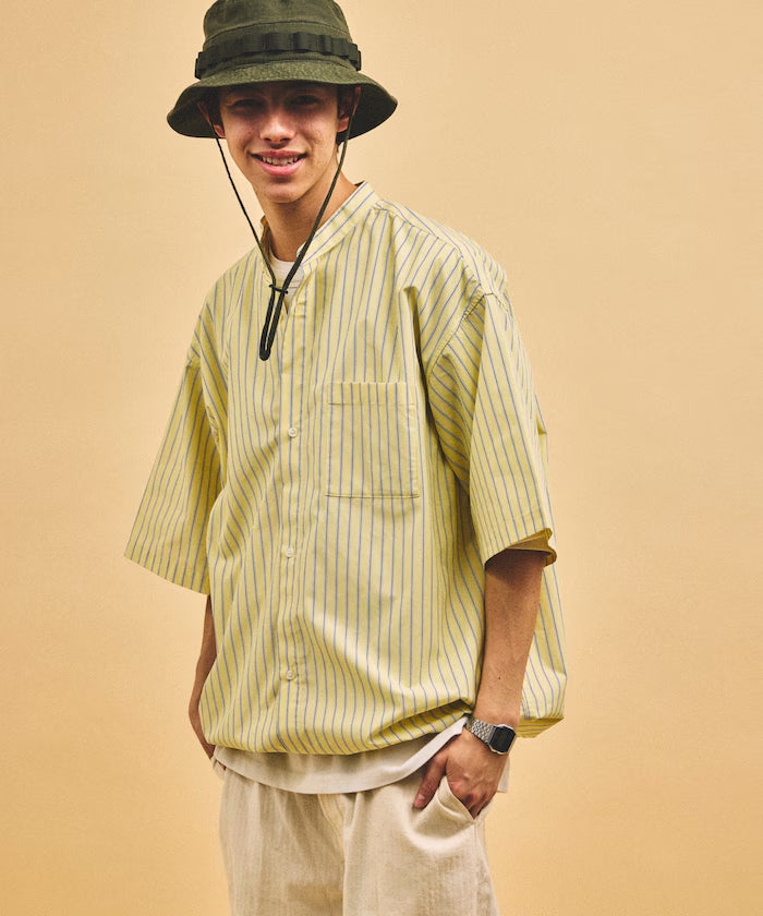 Typewriter Spindle Band Collar Stripe Short Sleeve Shirt