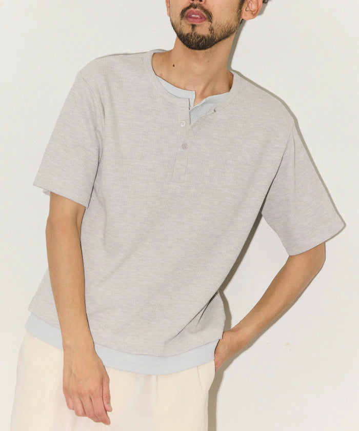 Waffle Fake Layered Henry Neck T-Shirt