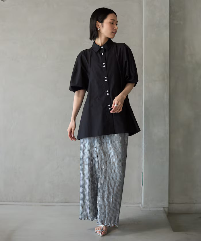 Switching Design Balloon Sleeve Shirt / 5-Minute Sleeve Blouse