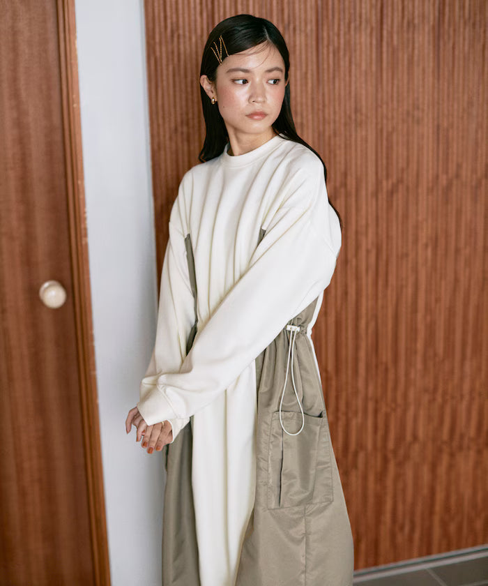 Mixed Material Docking Gathered Dunbar Sweat One-Piece / Spindle