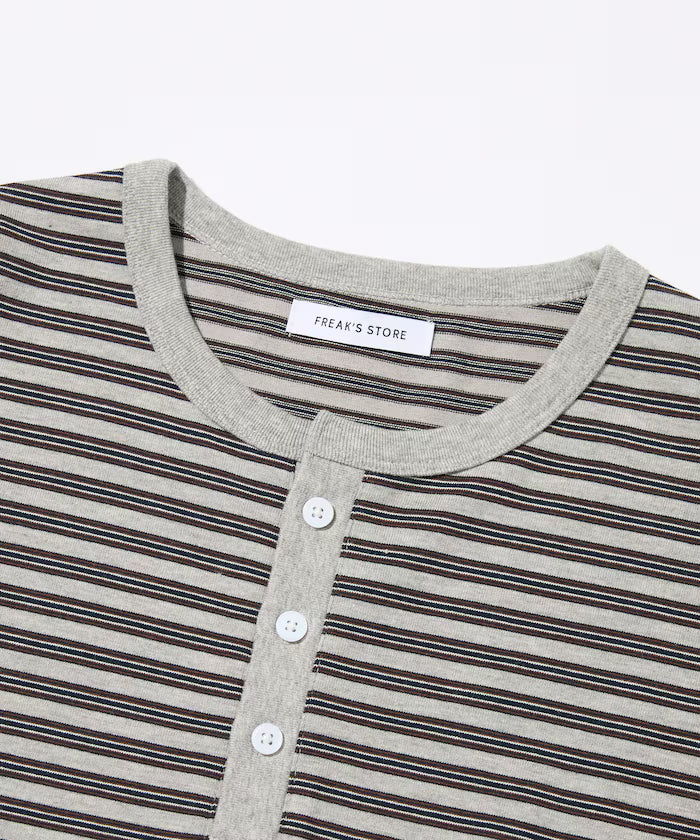 Multi-border Henley Neck Short Sleeve T-shirt