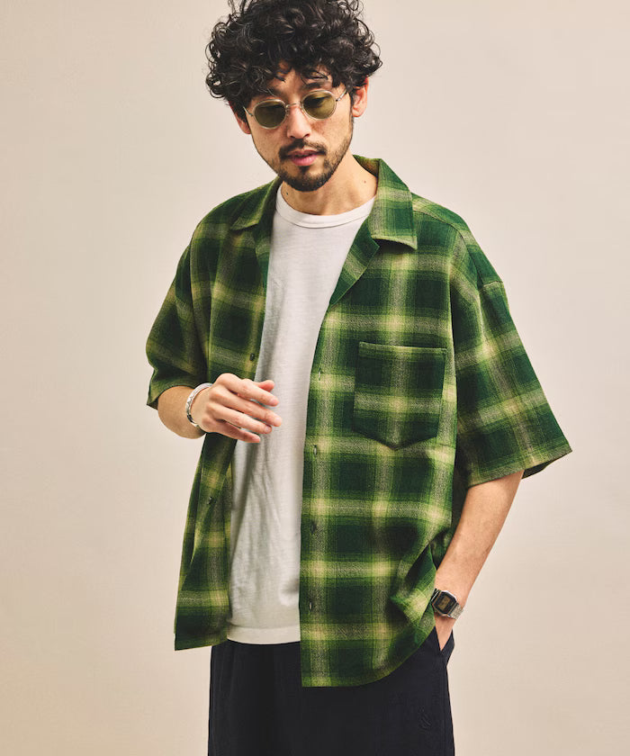 Dyed Ombre Check Open Collar Short Sleeve Sheer Shirt Relaxed Fit