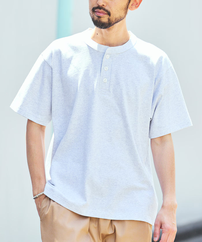 HEAVY WEIGHT/Heavy Weight Short Sleeve Henley Neck T-shirt/10.5 oz - Ash