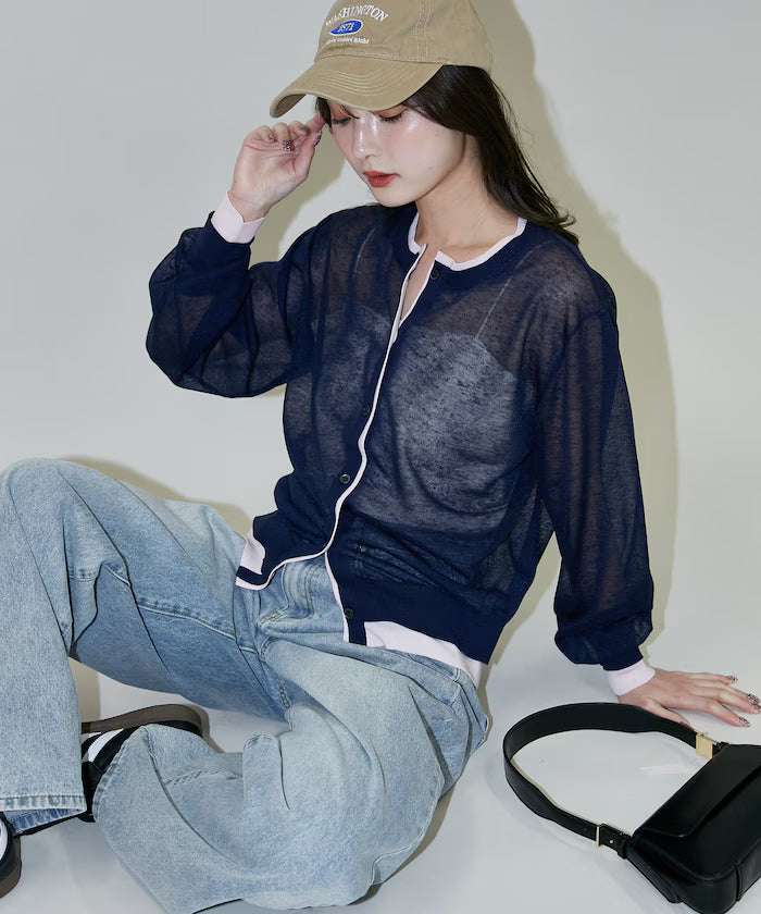 Washable Linen Color Block Sheer Knit Cardigan Limited Edition